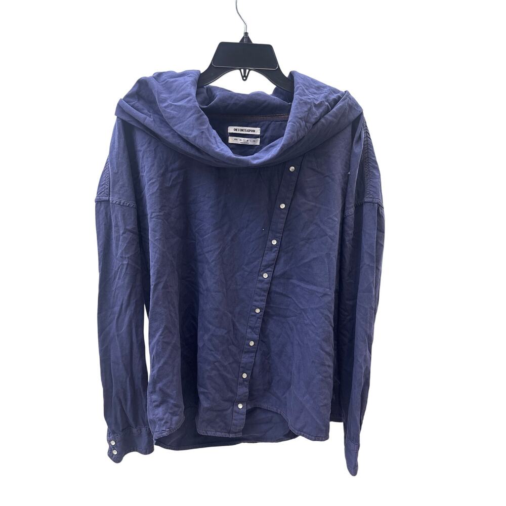 One Teaspoon Sz S Navy Blue Asymmetric Button Down Cowl Neck Long Sleeve Shirt